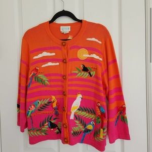 Just B vintage tropical cardigan sweater beaded parrott birds red orange